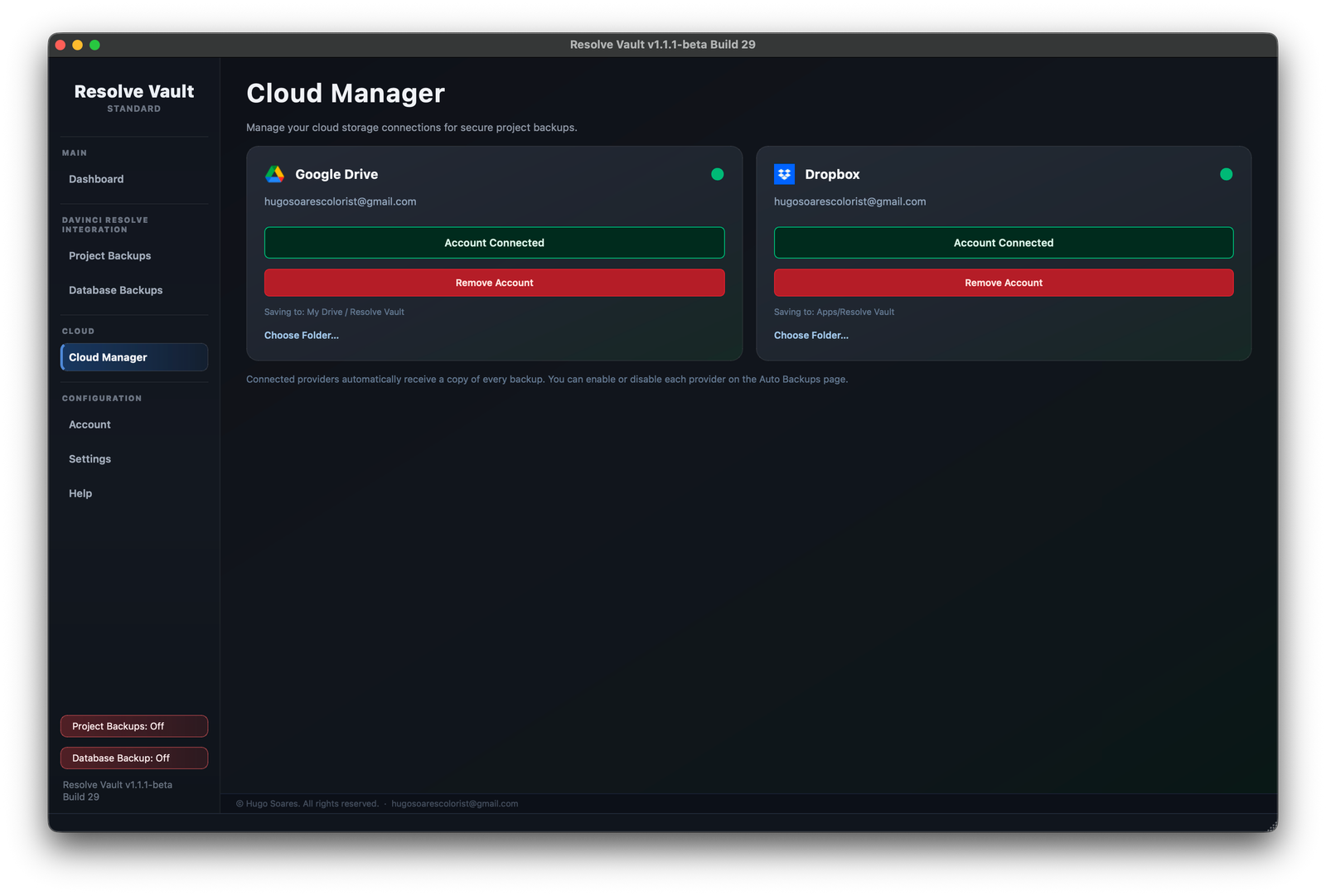 Resolve Vault Cloud Manager with Google Drive and Dropbox connected