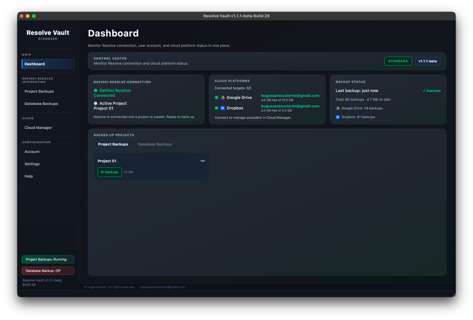 The Resolve Vault dashboard: Resolve connection, cloud platforms and backup status