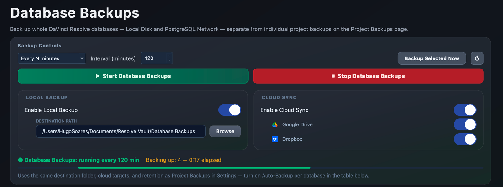 Database backups every 120 minutes, to a local folder, Google Drive and Dropbox
