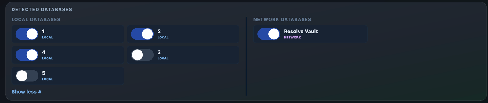 Local databases and PostgreSQL Network databases detected by Resolve Vault