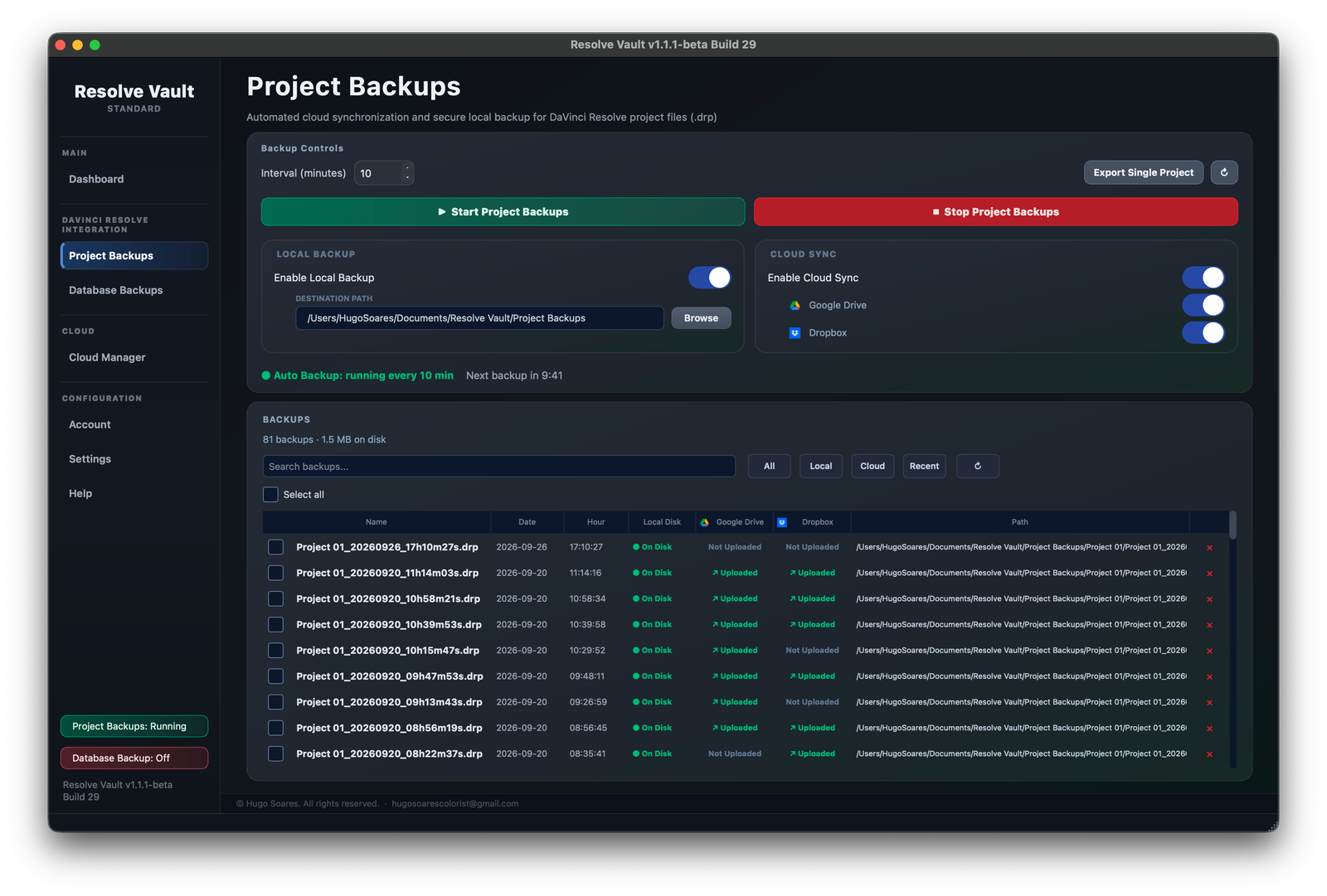 Resolve Vault Project Backups page